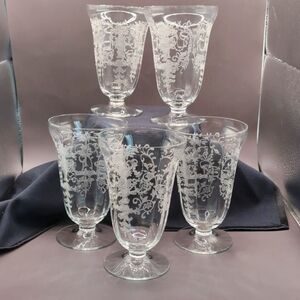 Five (5) Fostoria Florentine Footed Tumblers Ice Tea Juice Water Glasses 5 3/8"